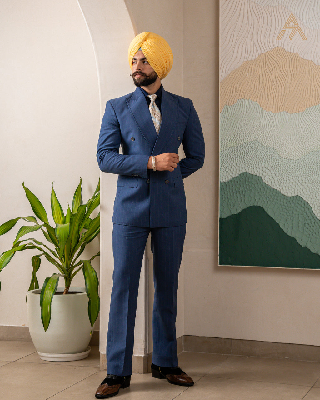 Dark Blue Double-Breasted Striped Suit