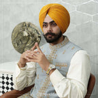 Powder Blue Raw Silk Nehru Jacket with Gold Zari Embroidery