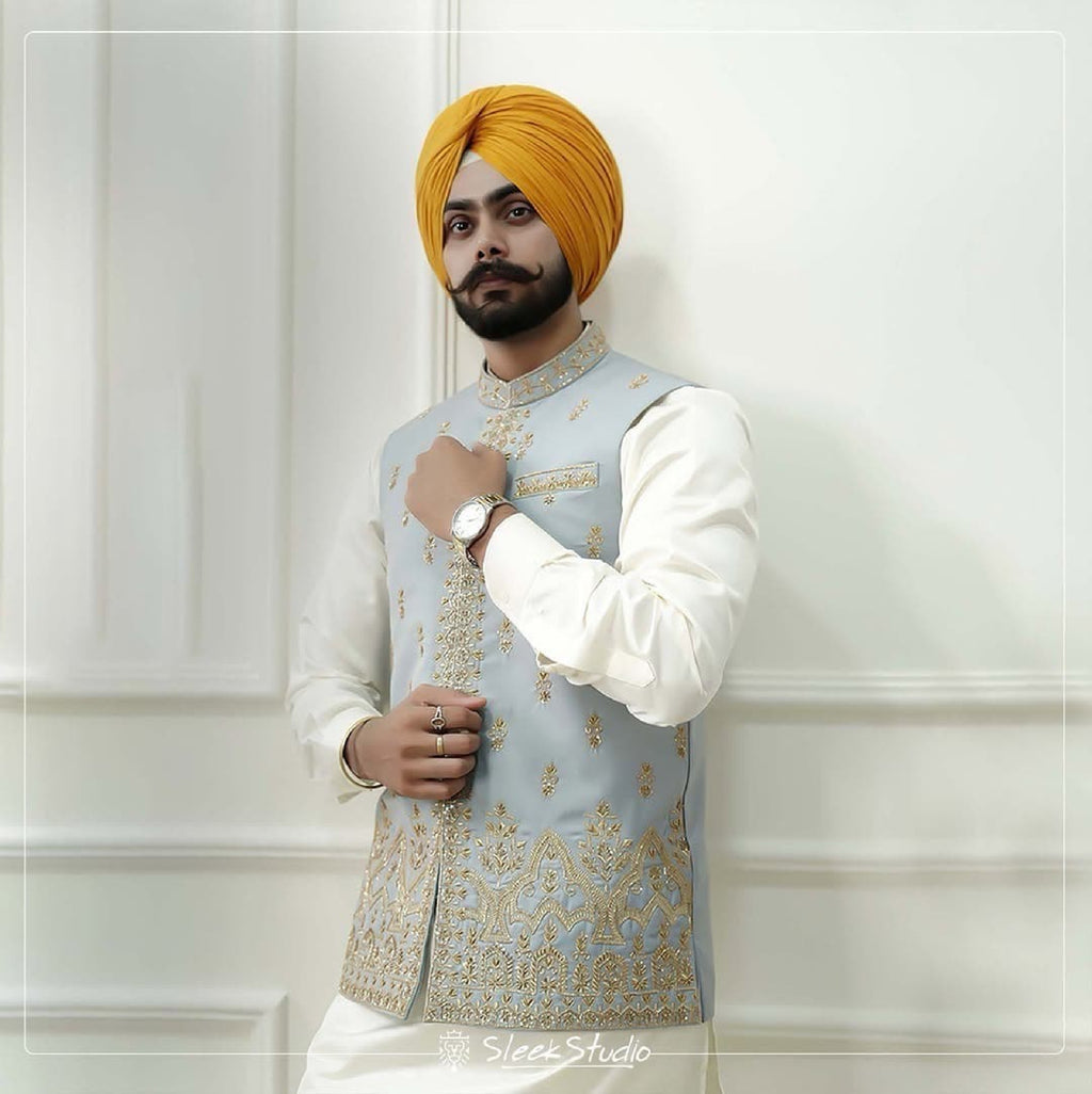Powder Blue Raw Silk Nehru Jacket with Gold Zari Embroidery