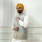 Powder Blue Raw Silk Nehru Jacket with Gold Zari Embroidery