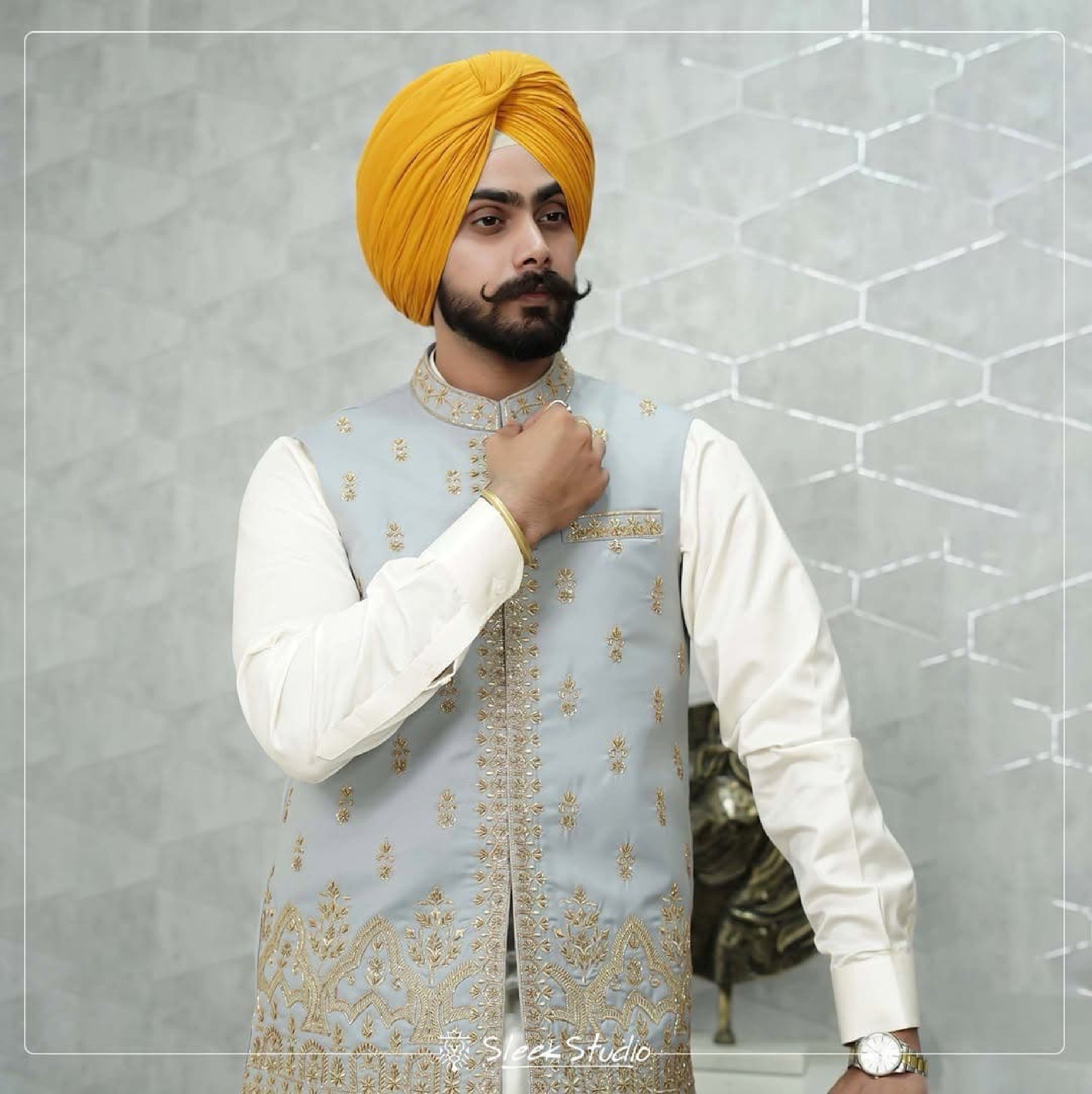 Powder Blue Raw Silk Nehru Jacket with Gold Zari Embroidery