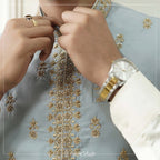 Powder Blue Raw Silk Nehru Jacket with Gold Zari Embroidery