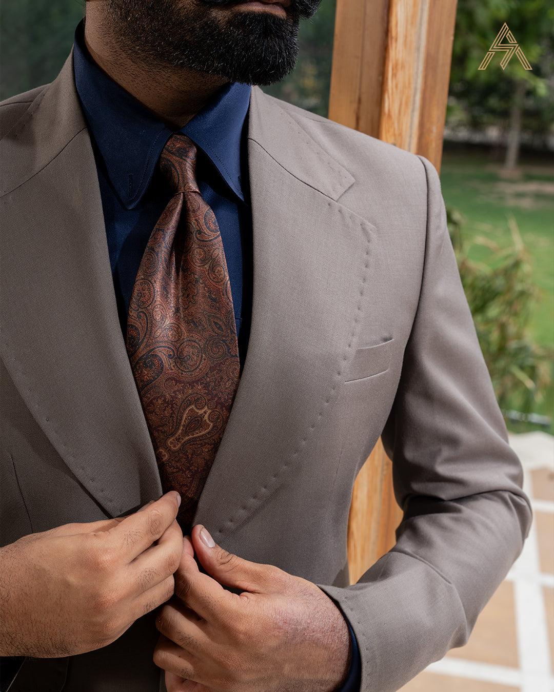 Beige Grey Single Breasted Suit