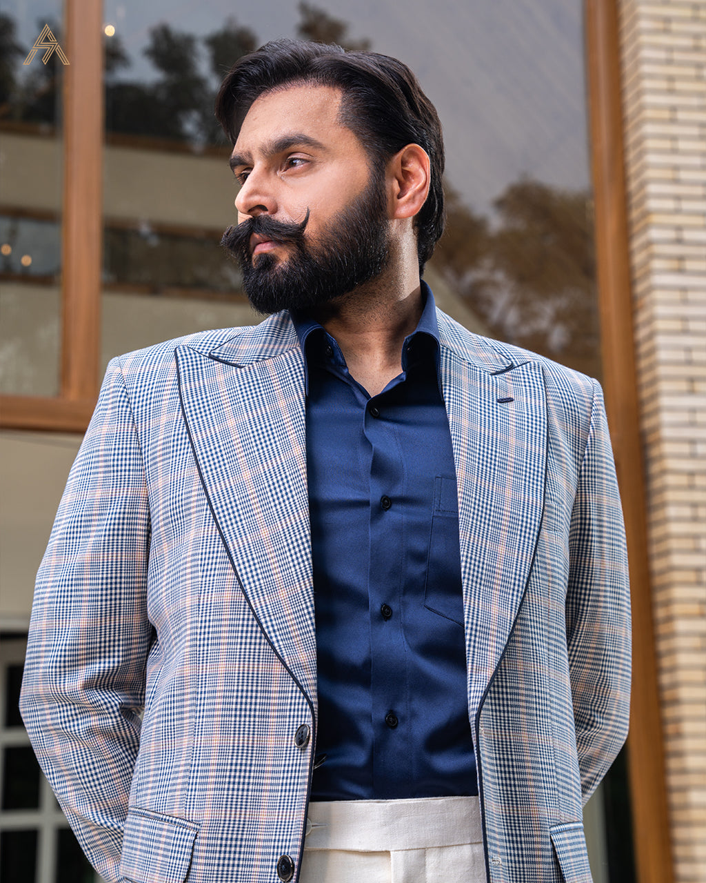 Light Blue & Beige Check Blazer