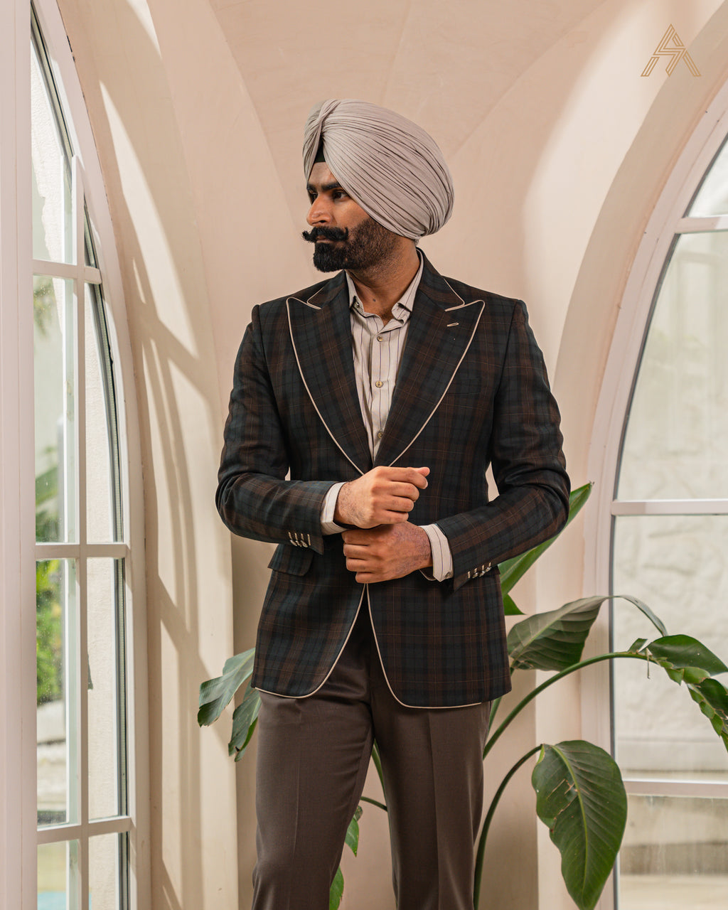 Dark green and brown check blazer