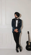 Midnight Blue Embroidered Tuxedo with Satin Peak Lapel