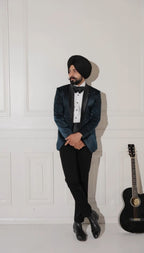Midnight Blue Embroidered Tuxedo with Satin Peak Lapel