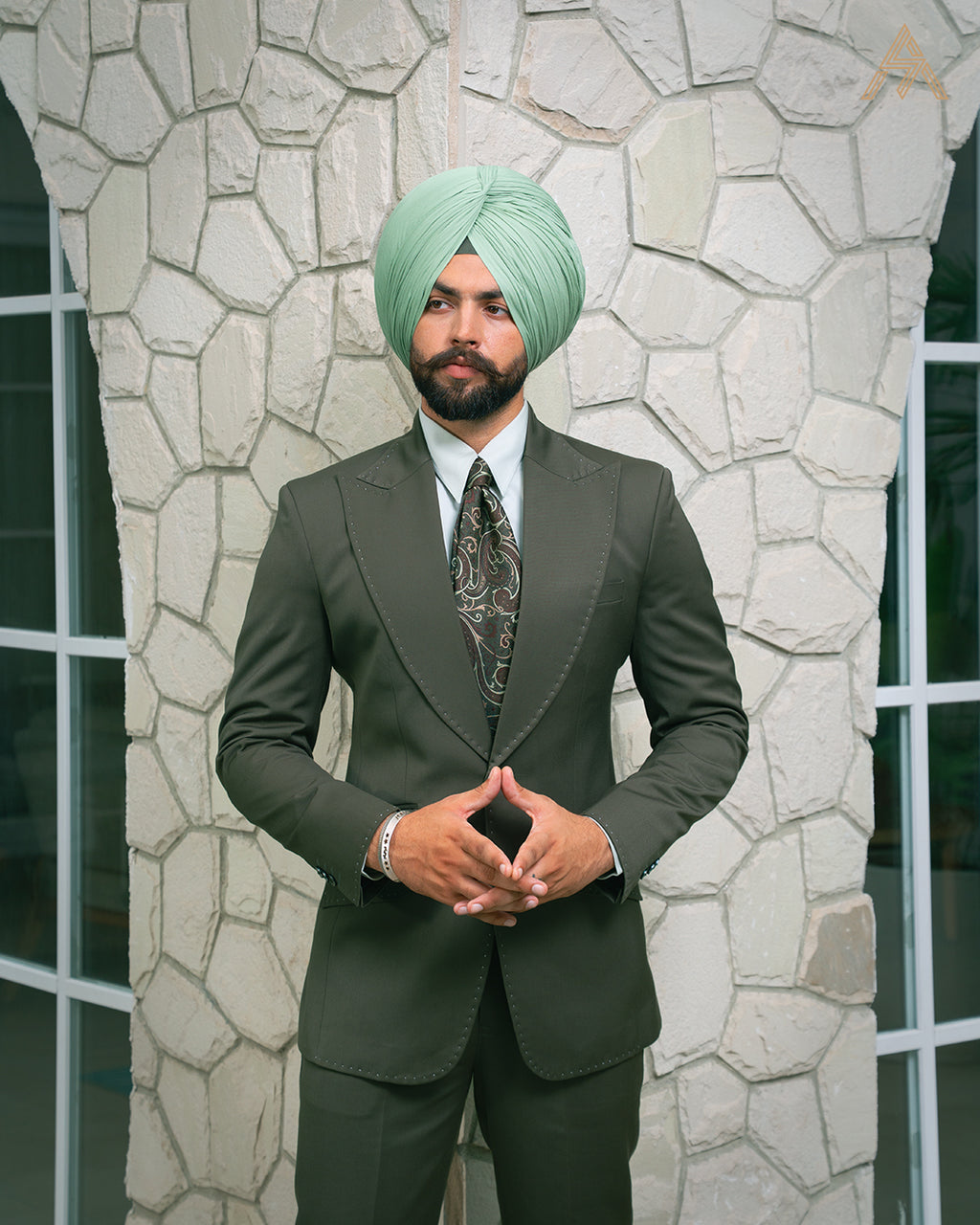 Olive green single-breasted suit