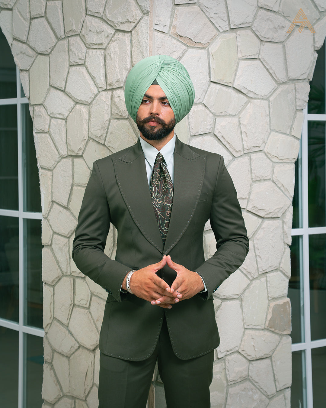 Olive green single-breasted suit