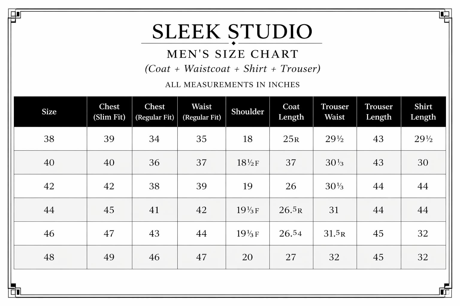 Sleek Studio size chart
